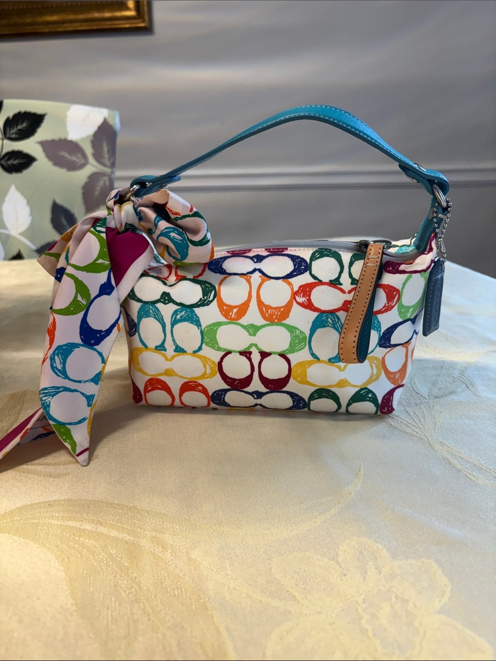 Coach Multicolor Signature Mini Shoulder Bag with Turquoise Handle w/ Coachscraf